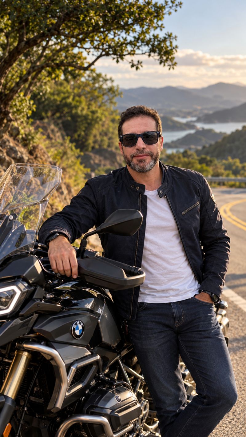 Marcelo Fernandes ao lado de uma moto em uma estrada ao entardecer